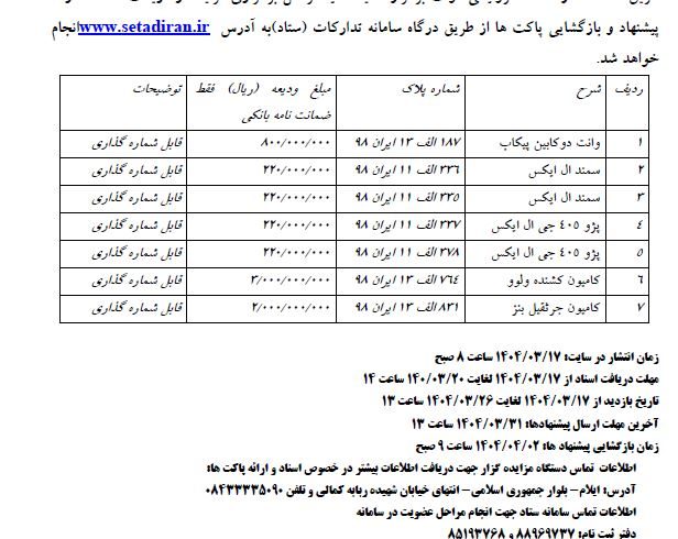 آگهي مزایده عمومي فروش 7 دستگاه خودرو آب منطقه ای ایلام